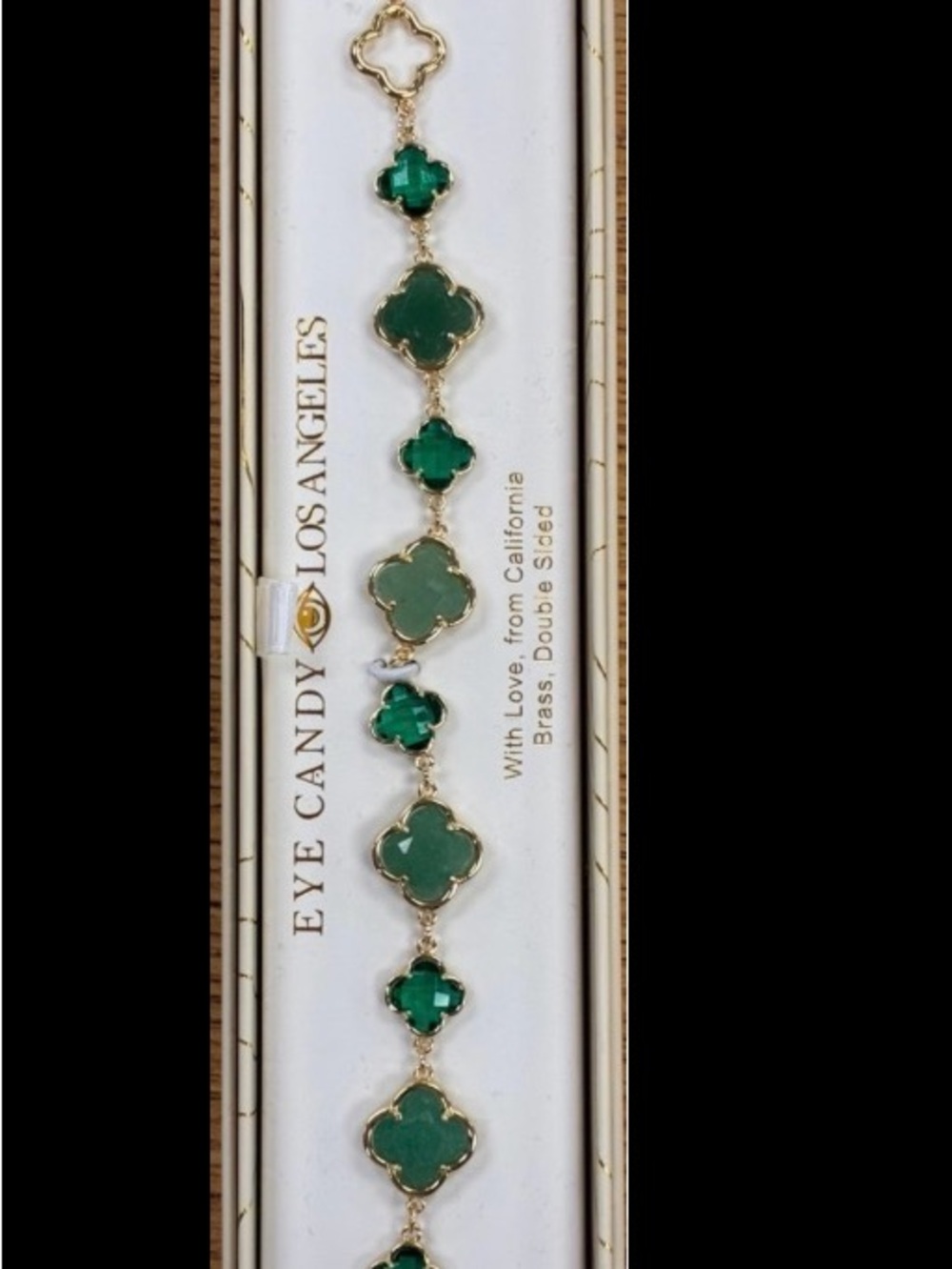 Eye Candy Gold Brass Bracelet with Mint & Emerald Clover Stones - Picture 8 of 9